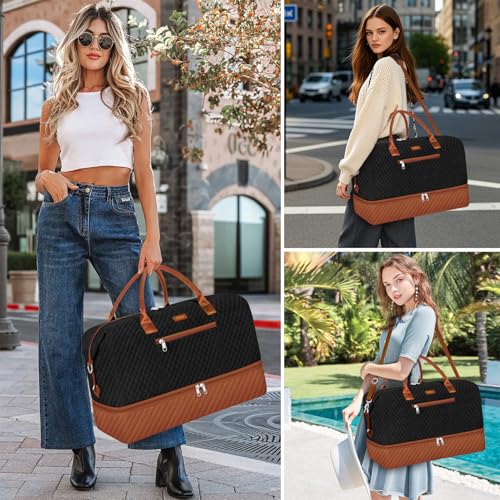 ITIEZY Weekender Overnight Bag for Women - Large Travel Duffel Bag with Shoe Compartment, Gym Duffel Bag Hospital Bag Carry On Tote Bags for Airplanes with Crossbody Bag Toiletry Bag 3Pcs Set - color: 9a-Black brown
