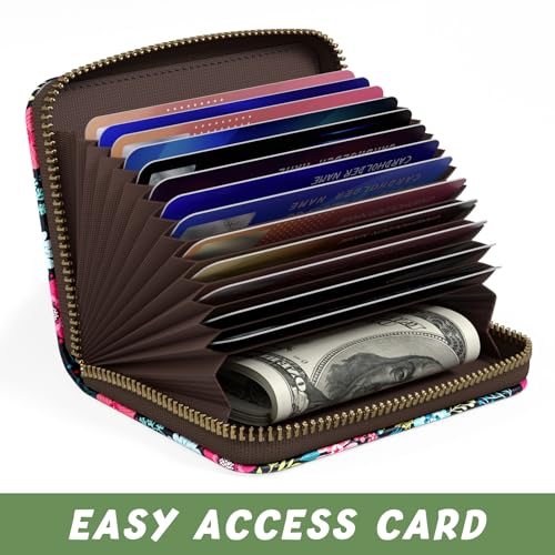 Aiawoxc Credit Card Holder, Small RFID Wallet Slim Leather Card Organizer Case with Zipper and Keychain, Elegant Flowers - color: B-Elegant Flowers, size: Keychain