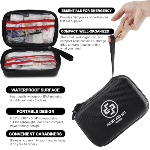 VRIEXSD Premium First Aid Kit, 320 Piece Waterproof Hard Shell Eva First Aid Kit for Home, Camping, Cars, Hiking, Travel, Businesses & Outdoor Emergencies - Emergency Medical Kits (Black) - color: Black