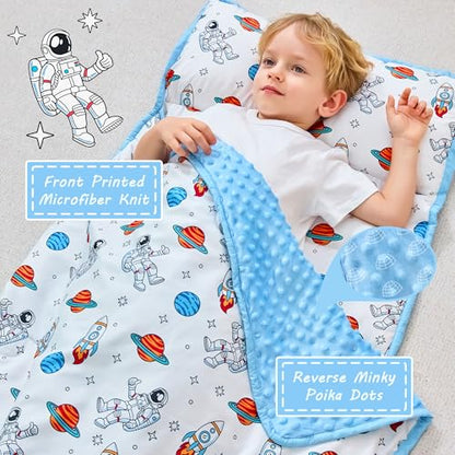 Lasoftan Toddler Nap Mat with Pillow and Blanket, Extra Large Rolled Napping Mats,Slumber Bags for Boys Girls,Kids Sleeping Bag for Daycare, Preschool Travel Camping - color: Astronaut