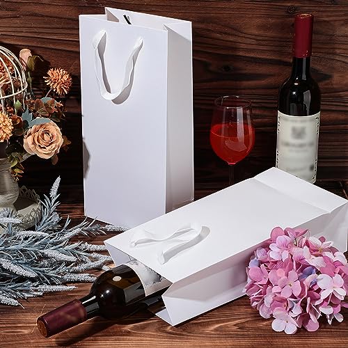 Yeaqee 50 Pack Wine Bags for Wine Double Bottles Gifts Carriers 6.6x3.6x13.8 Craft Bottle Bags Bulk with Handles Paper Tumbler Carriers, Party Gift Pocket with Handle(White) - color: White