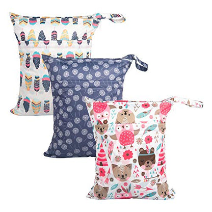 babygoal Wet Dry Bags for Baby Cloth Diapers, Washable Travel Bags, Beach, Pool, Gym Bag for Swimsuits & Wet Clothes with Two Zippered Pockets 3 Pack, 3LN11 - color: Dandelion&Owl&Feather
