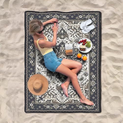 Supfitness Extra Large Picnic Blankets Waterproof Foldable (60"x 80") Beach Blanket Waterproof Sandproof,3-Layer Thicking Mat Outdoor Packable Camping Blanket - color: Boho-dark Grey, size: 60x80in