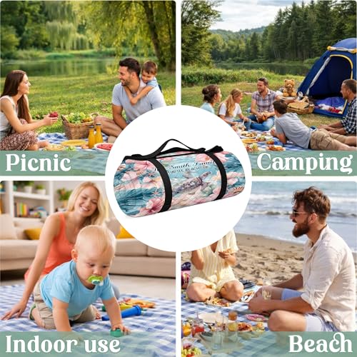 Personalized Waterproof Sandproof Beach Blanket 80''x80'', 3-Layer Foldable Picnic Blanket with Carry Strap, Camping Travel Outdoor Mat for Beach Park Hiking (Hibicus Sea Turle) - color: Hibicus Sea Turle