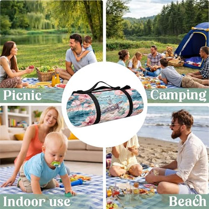 Personalized Waterproof Sandproof Beach Blanket 80''x80'', 3-Layer Foldable Picnic Blanket with Carry Strap, Camping Travel Outdoor Mat for Beach Park Hiking (Hibicus Sea Turle) - color: Hibicus Sea Turle