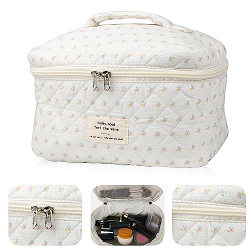 NATINSA Cute Makeup Bag for Women(2 Pcs), Travel Cosmetic Bags, Quilted Coquette Aesthetic Floral Toiletry Organizer Bag (Little Flower) - color: Little Flower