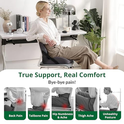 One-Piece Memory Foam Seat & Back Cushion - Lumbar Support, Adjustable Strap, Non-Slip Bottom - Breathable Removable Cover for Office Chair, Car, Truck (Grey) - color: Grey