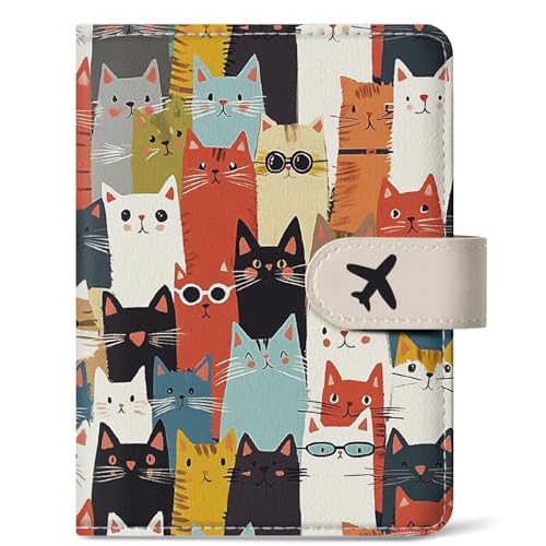 Passport Holder for Travel Essentials, RFID Blocking Leather Cover Wallet with Magnetic Closure, Aesthetic & Cute Passport Book Case for Women and Men - Cat - color: N.Cat