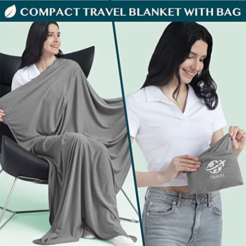 PAVILIA Soft Travel Blanket, Compact Airplane Blanket in Bag, Portable Blanket Pillow Set, Lightweight and Packable Plane Flight Car Trips Travel Home Office Gift Accessories, Gray, 65x40 inches - color: Gray