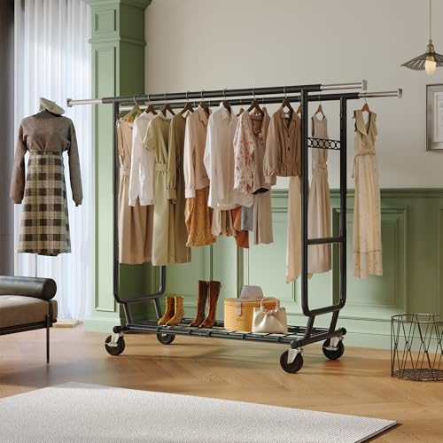 Raybee Clothes Rack Load 650LBS Heavy Duty Clothing Rack, Collapsible Clothes Racks for Hanging Clothes with Adjustable Height & Double Rods, Commercial Garment Rack with Wheels, Easy Assembly, Black - color: Black