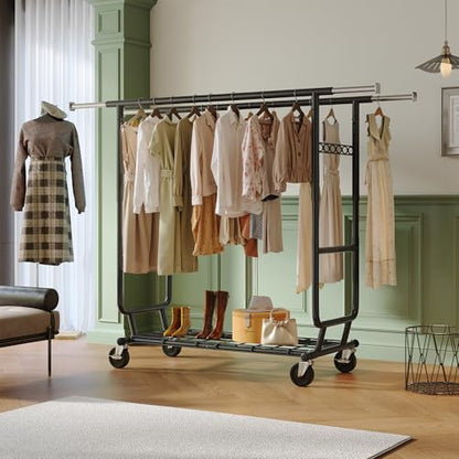 Raybee Clothes Rack Load 650LBS Heavy Duty Clothing Rack, Collapsible Clothes Racks for Hanging Clothes with Adjustable Height & Double Rods, Commercial Garment Rack with Wheels, Easy Assembly, Black - color: Black