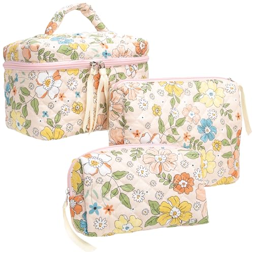 PAZIMIIK 3PCS Makeup Bag SET Large Travel Quilted Zipper Soft Cosmetic Case Pouch for Women Girls Make Up,Floral Orange - color: Floral Orange, size: 3 PCS SET