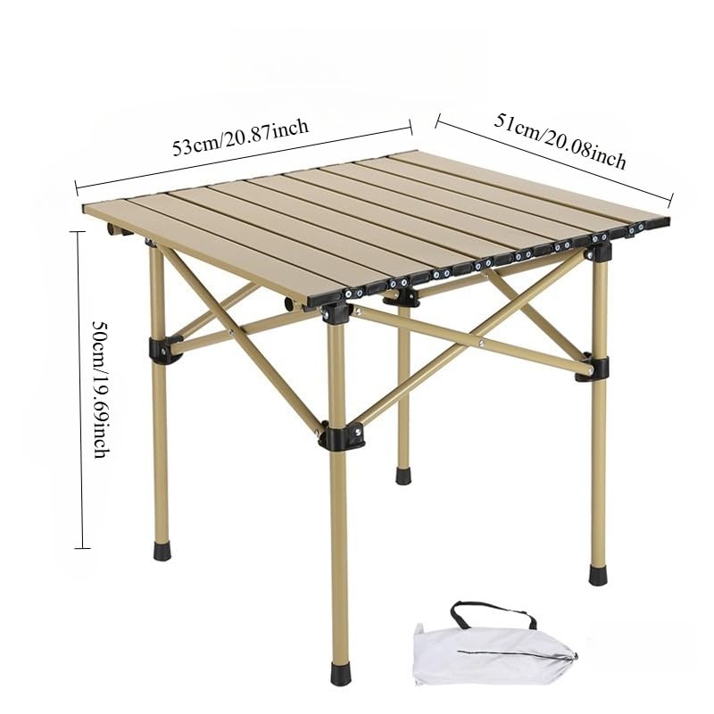 Foldable roll up Camping Table, Lightweight and Portable Compact Metal Camping Table, Suitable for Outdoor barbecues and picnics, Khaki 20 * 20 inches (58)