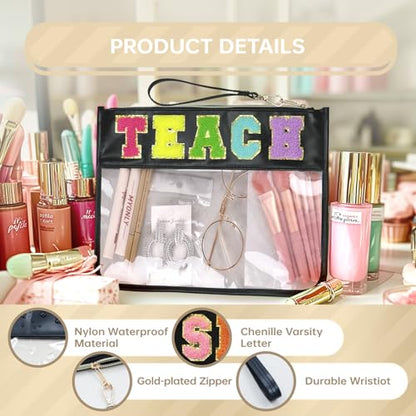 Siwara Snack Bags Clear Pouch Travel Makeup Bag Chenille Letter Bags for Zipper Pouch Clear Cosmetic Bag Clearly Tote Bag Makeup Travel Bags for Women - color: Black--Teach