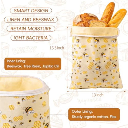 2 Pack Beeswax Bread Bags for Homemade Bread, Bees Wax Bread Bags Storage for Homemade Sourdough, XL 17'' x 13'', Zipper Closure, Freezer Safe - color: L-Zipper