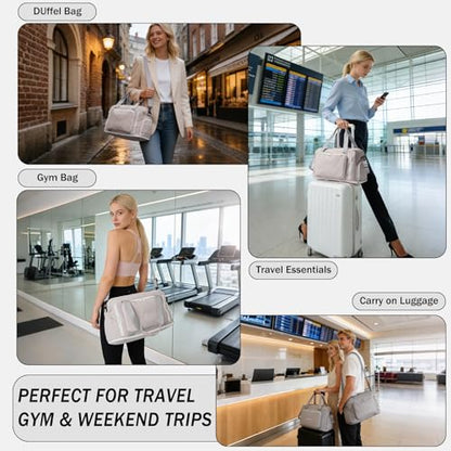 Travel Duffel Bag, 30–40L Expandable Weekender Bag with Shoe Compartment, Foldable Carry On Travel Bag with Wet Pocket and Matching Pouch - color: Grey