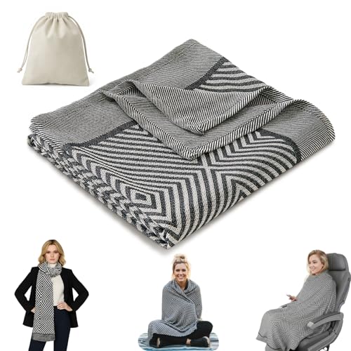 Travel Blanket Airplane - Ultra Soft & Lightweight Knit Design Compact Airplane Blanket,53x72 Inch,Stylish Travel Shawl Wraps for Flights,Office,Home Use,Travel Essentials & Gifts - color: Black Grey