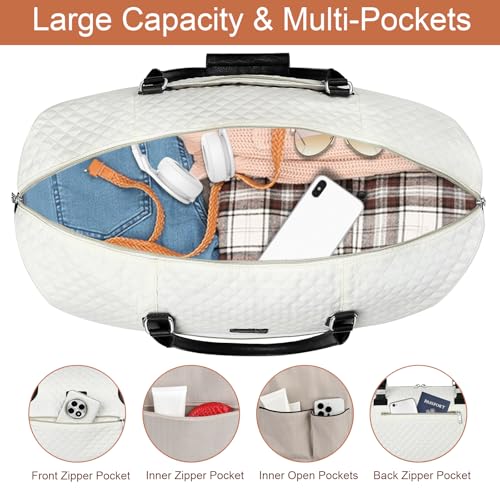 ITIEZY Weekender Overnight Bag for Women - Large Travel Duffel Bag with Shoe Compartment, Gym Duffel Bag Hospital Bag Carry On Tote Bags for Airplanes with Crossbody Bag Toiletry Bag 3Pcs Set - color: 6-Off White