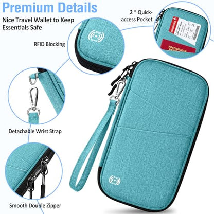BKNOOU Family Passport Holder RFID Blocking Travel Document Organizer | Large Capacity (5 passports+13 cards), RFID Blocking, Air Travel Essentials, Detachable Wrist Strap and Shoulder Strap - color: 06 Blue