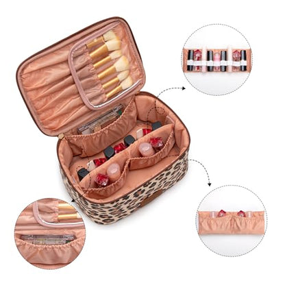 Montana West X Wrangler Travel Makeup Bag 2pcs Set Large Cosmetic Bag with Makeup Brush Holder Portable Make Up Organizer Cute Toiletry Bag with Divider and Handle for Women Leopard - color: Leopard