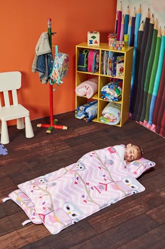 EVERYDAY KIDS Nap Mat with Removable Pillow - Carry Handle with Straps Closure, Rollup Design, Soft Microfiber for Preschool, Daycare, Travel Sleeping Bag - Sweet Owls - color: Sweet Owls