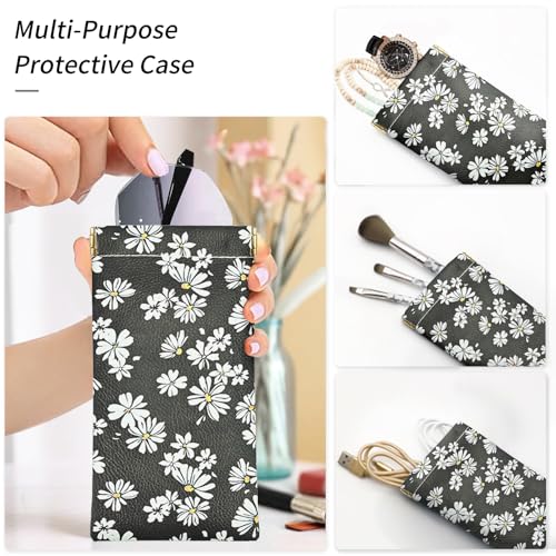 Glasses Case Soft, Eyeglass Cases for Women Portable Squeeze Top PU Leather 2 Pack Glasses Pouch with Cleaning Cloth - color: 2pcs Black Daisy+green Daisy