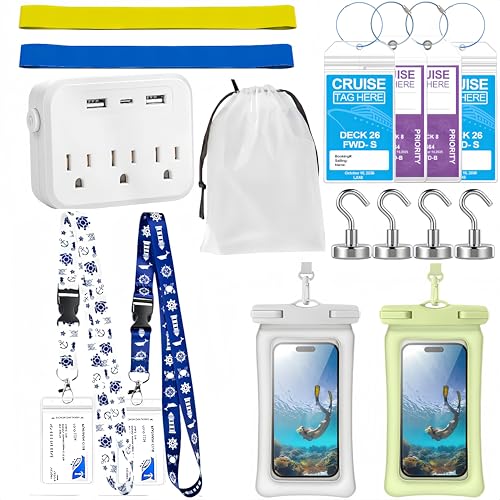 Cruise Essentials 2026, Cruise Must Haves Kits with Non-Surge Power Strip, Retractable Cruise Lanyards, Waterproof Phone Pouch, Magnetic Hook, Luggage Tag, Towel Bands, Storage Bag- Travel Essentials - size: 16pcs Cruise Essentials Kit