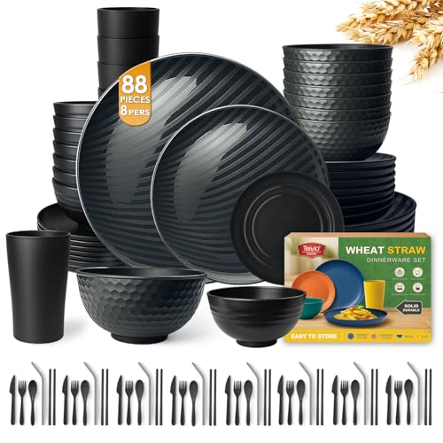 Teivio 88-Piece With Flatware Kitchen Plastic Wheat Straw Dinnerware Set for 8, Dinner/Dessert/Appetizer Plates, Cereal Fruit Bowls, Pasta Bowls, Cups, Unbreakable Dishwasher Safe Outdoor Dish, Black - color: Black