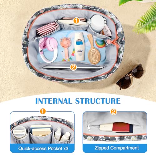 HUANLANG Large Beach Bags for Women Pool Bag with Zipper, Waterproof Sandproof Beach Tote Travel Bag with Wet Pocket - color: Gray-pink Flower