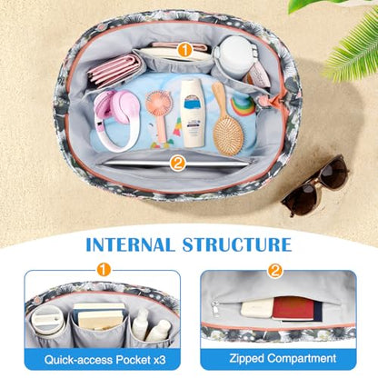 HUANLANG Large Beach Bags for Women Pool Bag with Zipper, Waterproof Sandproof Beach Tote Travel Bag with Wet Pocket - color: Gray-pink Flower
