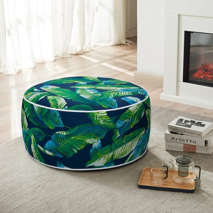 Magpie Fabrics Inflatable Stool Ottoman Pouf D20 xH9, Outdoor Round Footrest Footstool, Portable for Patio Travel Camping - Green Lagoon Leaves - color: Green Lagoon Leaves