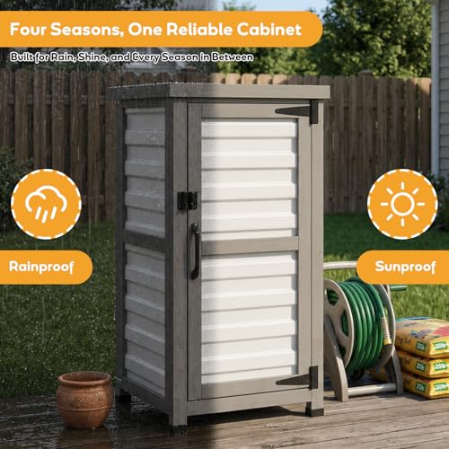 Outdoor Storage Cabinet with Metal Top, Wooden & Plastic Potting Bench & Tool Organizer, Adjustable Shelf for Patio Backyard Garden, Small Outdoor Cabinet for Tools - size: 18"L x 18"W x 33.5"H White