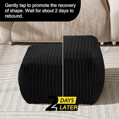 MeMoreCool Square Stuffed Pouf Ottoman Foot Rest, Stripe Furry Floor Pouf Foot Stool with Foam Chunk Filling, Soft Fluffy Stuffed Ottoman Footrest for Living Room, Faux Fur Black - color: Ribbed Black