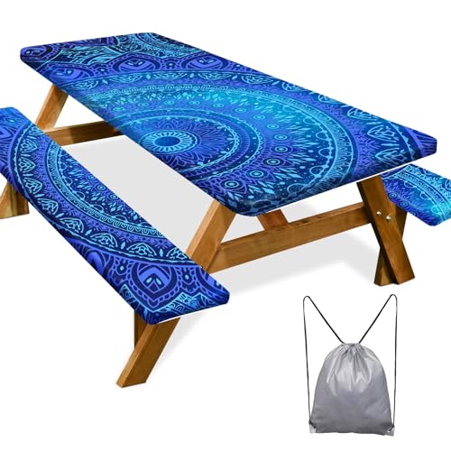 Picnic Table Cover with Bench Covers 6FT 3 Pcs Waterproof Windproof Aesthetic Camping Tablecloth with Drawstring Bag, Fitted for 6 Foot Rectangle Tables and Seats, 72 inch, Dark Blue Green - color: Dark Blue Green