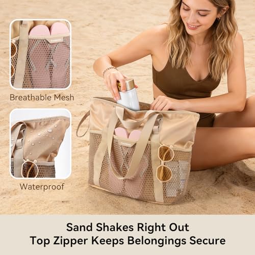 PASMAN Large Beach Bag with Zipper-8 Pockets Sandproof Beach Tote Bag for Women,Foldable Lightweight Family Swim Bag Vacation - color: Pink & Orange Stripe
