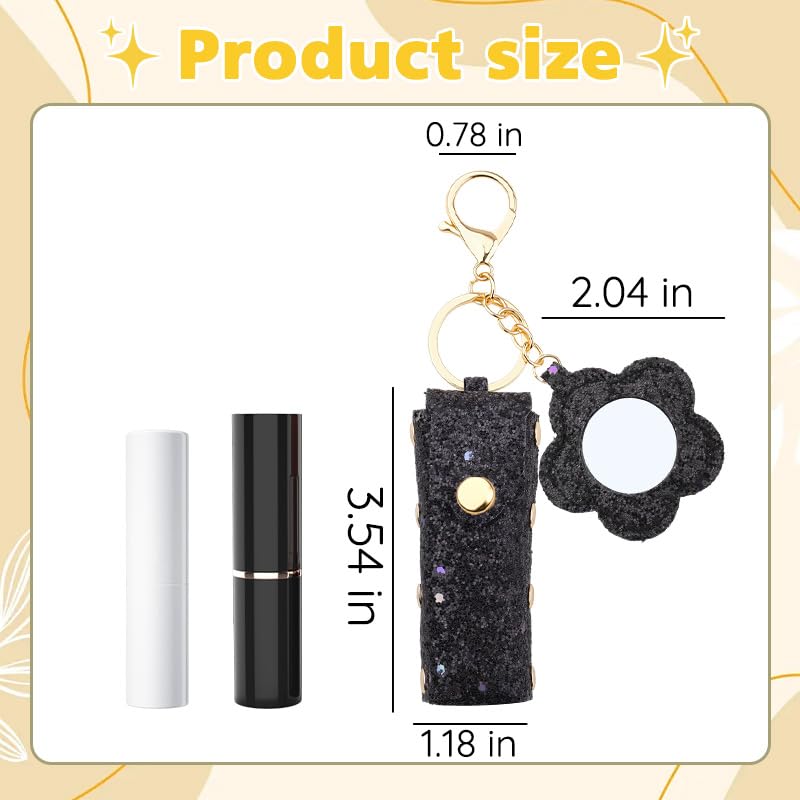 Sisadodo Glitter Lip Oil Holder Key Chains for Woman Lipstick Case with Mirror Lip Balm Keychain for Lipstick Case Keychain - color: Black-flower