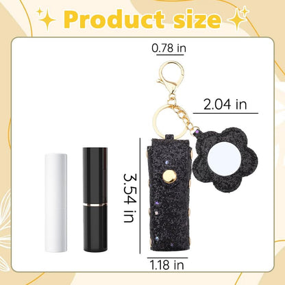 Sisadodo Glitter Lip Oil Holder Key Chains for Woman Lipstick Case with Mirror Lip Balm Keychain for Lipstick Case Keychain - color: Black-flower