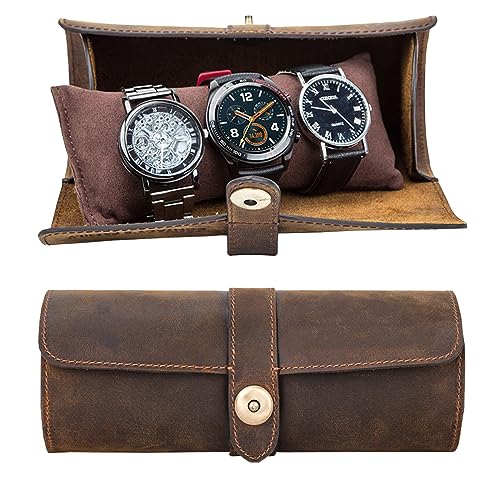 Acidea Genuine Leather Watch Roll Case - Travel Case for 3 Watches, Men's Accessories