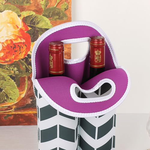 Hipiwe Wine Carrier Tote Bag for 2 Bottles - Neoprene Wine Bottle Holder with Carry Handle, Wine Protective Bag Insulated Bag Beer Cans Water Bottle Holder for Travel Picnic - style: Black and White Stripes +Purple