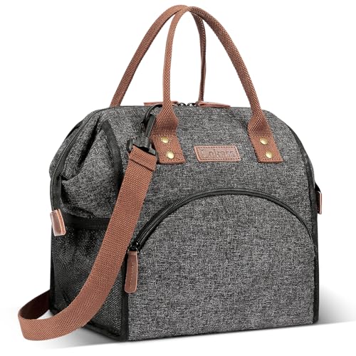 LOKASS Lunch Bag Insulated Lunch Box Wide-Open Lunch Tote Bag Large Drinks Holder Durable Nylon Snacks Organizer with Removable Shoulder Strap for Women Men Adults Work Outdoor,Black - color: Heathered Gray