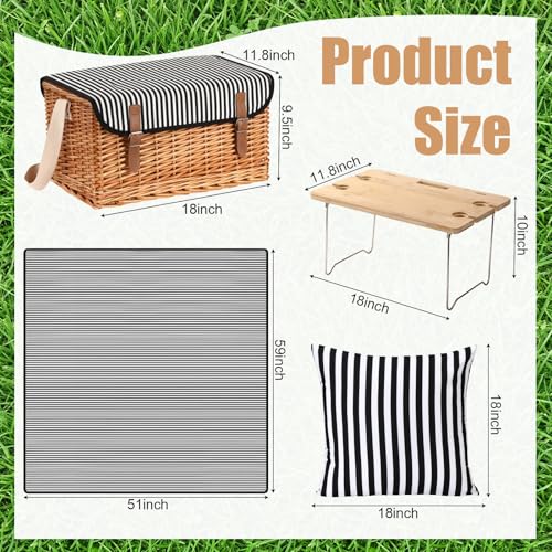 Sawysine Wicker Picnic Basket with Throw Pillow Set for 4, Multifunctional Hamper Gift Set with Blanket, Bamboo Wine Snack Table & Tablewares, Portable Outdoor Combo for Camping, Party & Gifting