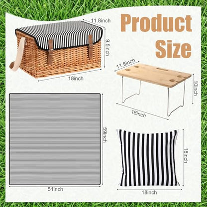 Sawysine Wicker Picnic Basket with Throw Pillow Set for 4, Multifunctional Hamper Gift Set with Blanket, Bamboo Wine Snack Table & Tablewares, Portable Outdoor Combo for Camping, Party & Gifting