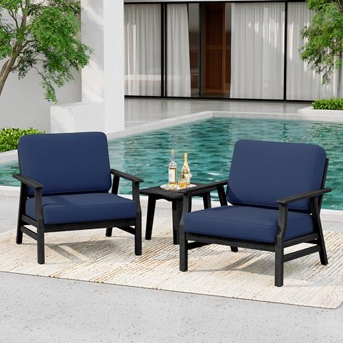 3 Piece Wood Patio Chair Outdoor Bistro Set, Outdoor Armchair All Weather Patio Sofa Furniture Backyard Conversation Sets with Dark Wooden Side Table, Navy Blue - color: Navy/Dark, size: 3PCS