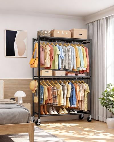Sakugi Clothes Rack - Double Hanging Rod Clothing Rack with Wheels & Leveling Feet, Large Capacity Wardrobe Closet with Shelves for Bedroom, Laundry Room, Entryway, 45.2" x 12.6" x 80.7", Black - color: Black, size: XX-Large