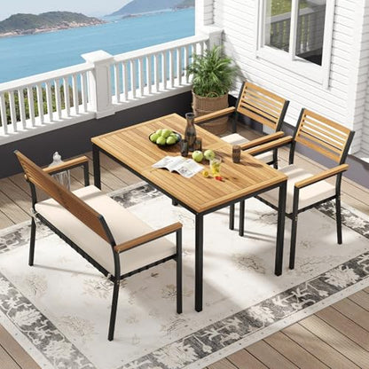 HAPPYGRILL 4-Piece Patio Dining Set, Outdoor Acacia Wood Metal Furniture with Rectangular Table, 2 Armchairs, 1 Loveseat, Removable Cushions, Umbrella Hole, for Poolside Backyard Garden