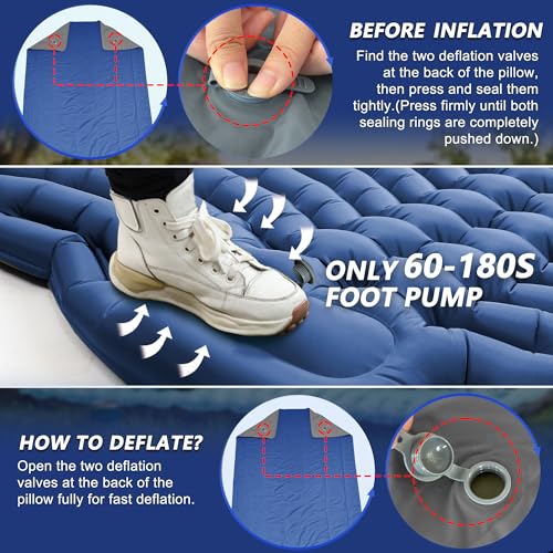 Double Sleeping Pad for Camping - Ultralight Air Mattress with Pillows, Built-in Foot Pump, Compact Inflatable 2-Person Portable Mat for Backpacking, Hiking, Tent, Car Travel, Beach，Road Trip - color: Navy Blue