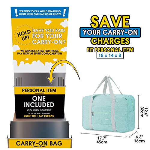 For Spirit Airlines Personal Item Bag Foldable Travel Duffel Bag Tote Carry on Luggage Duffle Overnight for Women and Men - color: 1112-Thick Series Mint Green