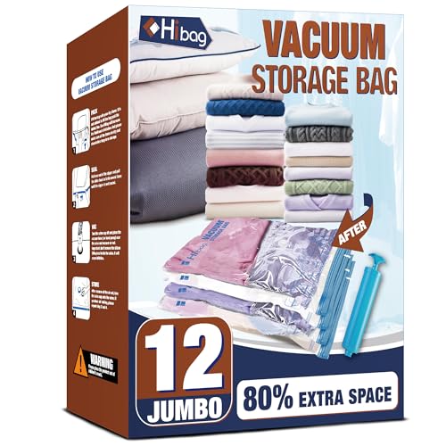 HIBAG Vacuum Storage Bags, 12 Jumbo Vacuum Seal Bags for Clothing, Space Bags for Clothes, Comforters, Blankets, Bedding (12J) - size: 12-Jumbo