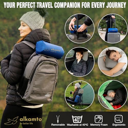 alkamto Travel & Camping Comfortable Memory Foam Pillow – Easy to Carry Portable Bag – Temperature Regulating Pillow Case (Grey) - size: Grey Travel
