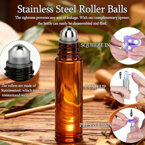 PrettyCare Set of 120, Bulk 10 ml Essential Oil Roller Bottles with Stainless Steel Roller Ball - Refillable Leak-proof Empty Thick Amber Glass Roll on Bottles with Golden Caps for Travel, Perfume - color: Amber with Golden Cap, size: 120 Pack